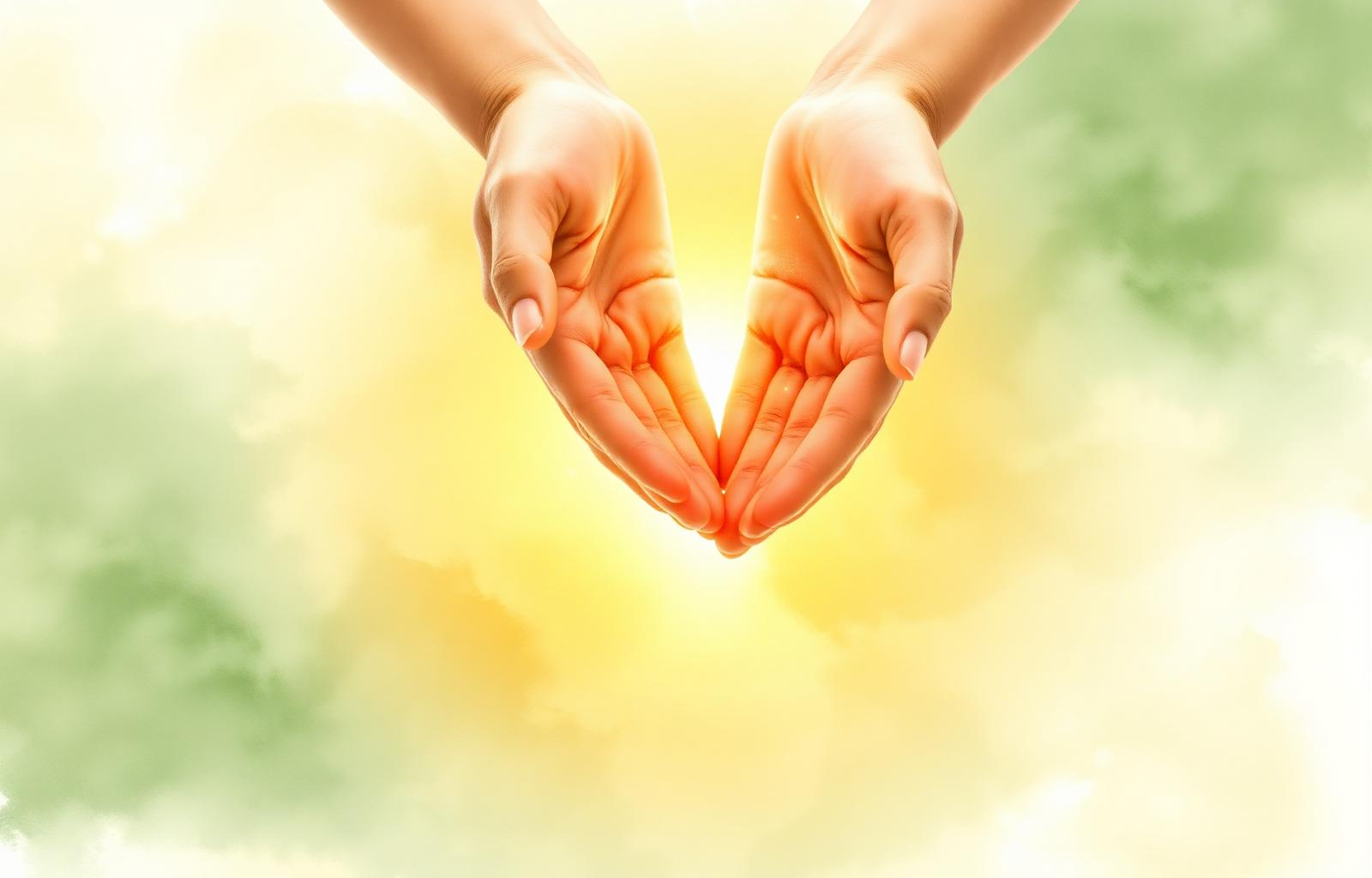 Hands cradling warm golden healing light