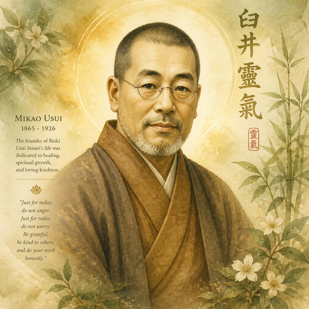 Portrait illustration of Mikao Usui, founder of Reiki